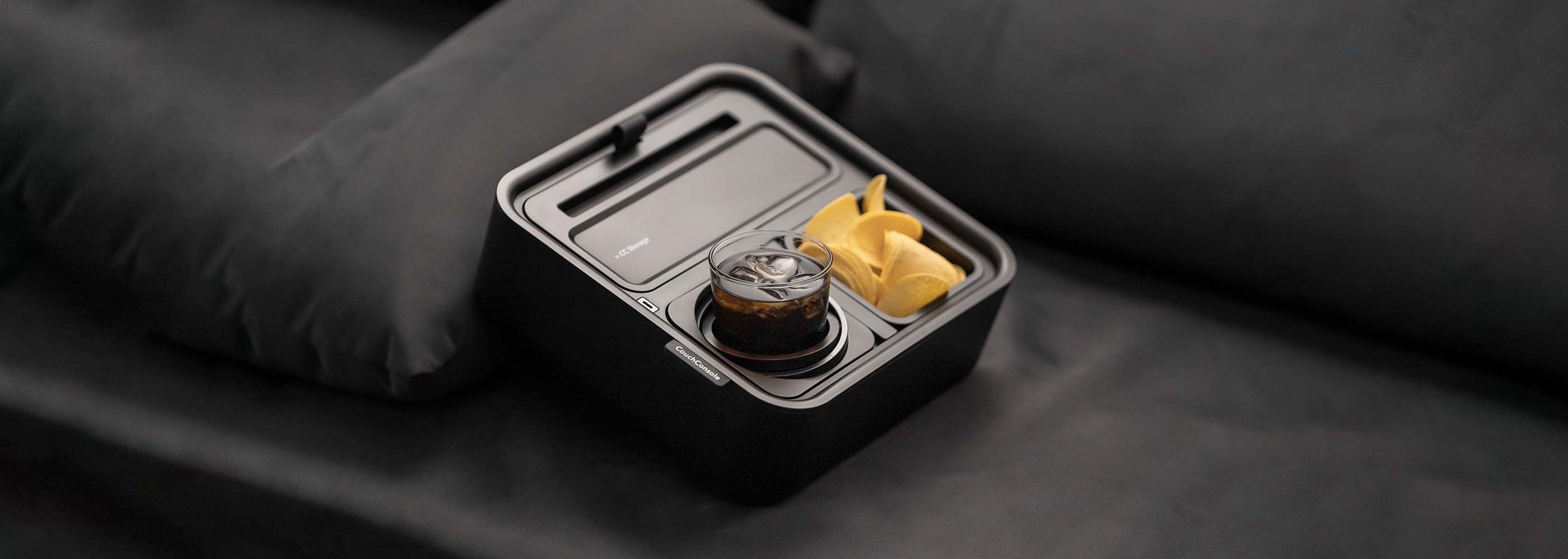 CouchConsole Self-Balancing Snack Tray, PhoneStand, Charging ,Black/Black